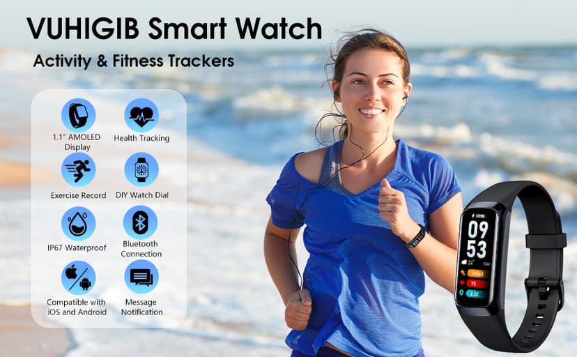 Fitness Tracker, 24/7 Heart Rate Blood Oxygen Blood Pressure Body Temp Monitor Sleep Calorie Tracker with 1.1" AMOLED Touch Color Screen Pedometer Smart Watch Waterproof for Women Men