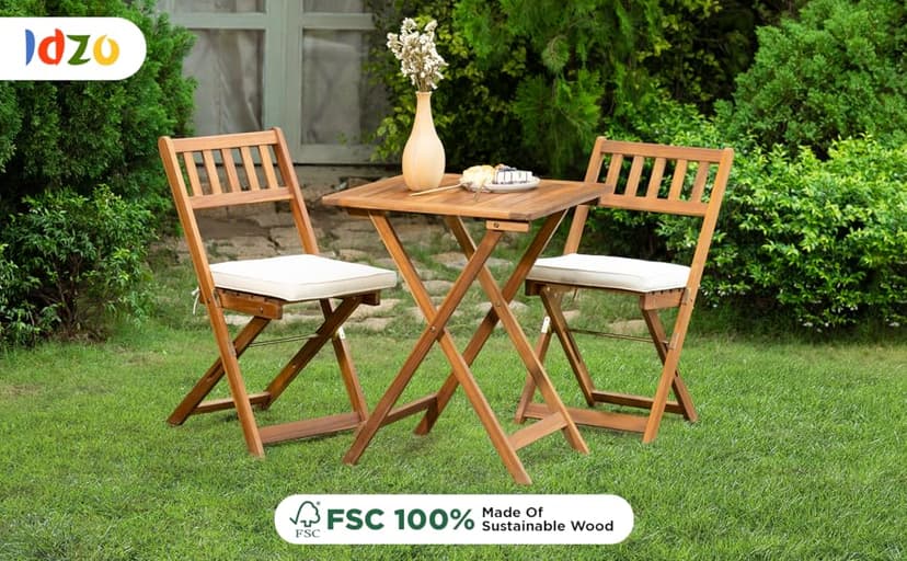 Idzo Heavy Duty 400lbs Capacity Patio Bistro Set 3 Piece Outdoor, Folding Chairs w/Cushion, Square Table - Upgrate 2024