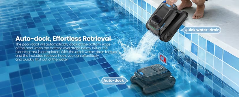 Robotic Pool Vacuum PC10, Cordless Pool Cleaner Robot for Inground & Above Ground Pools, Smart Navigation, 5000GPH Suction Power for Cleaning Floor, Wall & Waterline, Self-Parking, Black