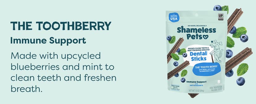 Shameless Pets Dental Treats for Dogs, The Tooth Berry - Healthy Dental Sticks with Immune Support for Teeth Cleaning & Fresh Breath - Free from Grain, Corn & Soy