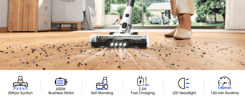 Klarpul Cordless Vacuum Cleaner, 2 Batteries 140 Mins Runtime 600W 50Kpa Stick Vacuum Cordless, Self-Standing Vacuum Cleaners for Home with 2.5H Fast Charging, for Floor/Carpet/Pet Hair, White