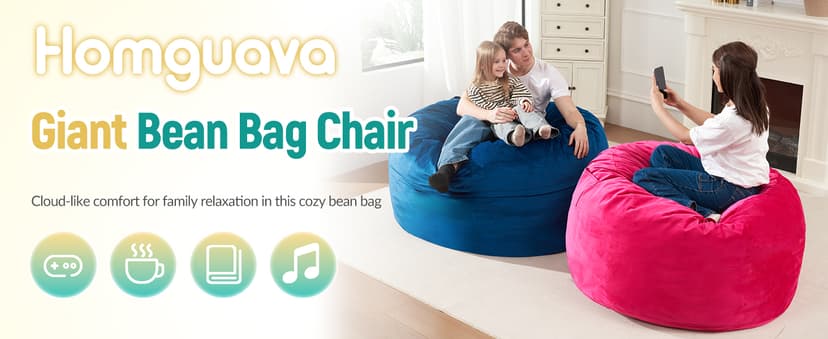 Homguava 3FT Bean Bag Chair: 3' Bean Bags with Memory Foam Filled, Large Beanbag Chairs Soft Sofa with Dutch Velvet Cover-Blue