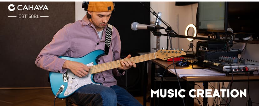 CAHAYA Electric Guitar Set Beginner - 39in Starter Guitar Kit with HSS Pickup Solid Okoume Body Electric Guitar Adults with Amplifier Gig Bag Strap Picks Strings Cable Blue