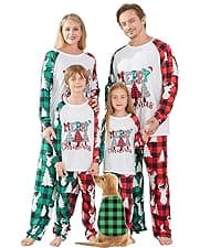 Awoscut Christmas Family Matching Pajamas Sets Christmas PJ's Letter Print Top and Plaid Pants Jammies Sleepwear