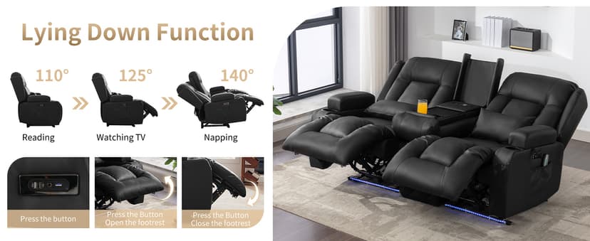 URRED Power Loveseat Recliner Sofa with Massage and Heat, Wall Hugger Reclining Loveseat with Console, RV Couch Home Theater Seating with LED Lights for Living Room (Black, 67" - 2 Seats)