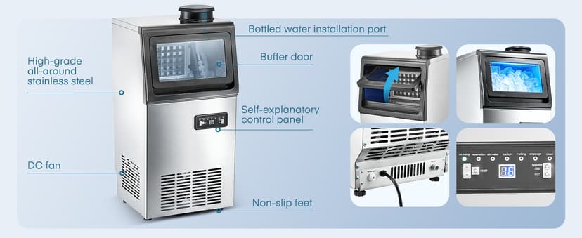 Commercial Ice Maker Machine, 100LBS/24H Freestanding & Undercounter Ice Machine with 2 Water Inlets, 40 PCS/Cycle and 24LBS Storage Bin, Stainless Steel, LED Display & Self-Cleaning for Home Bar