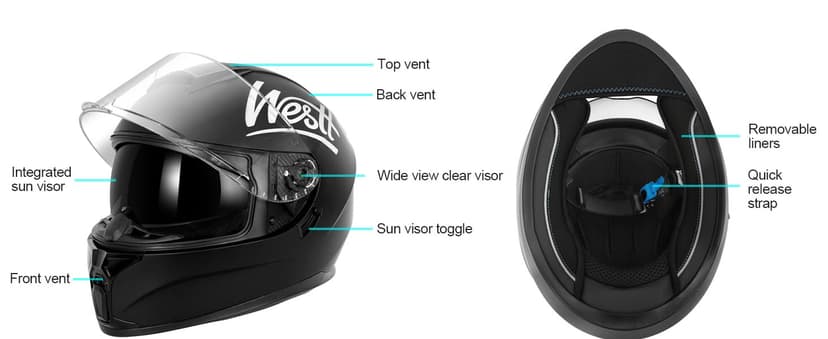 Westt Motorcycle Helmets Full Face Helmets - Street Bike Helmet with Dual Visor DOT Approved for Men Women Adults Compact Lightweight Storm X Grey Black White (Black, L (23.23-23.62 in))