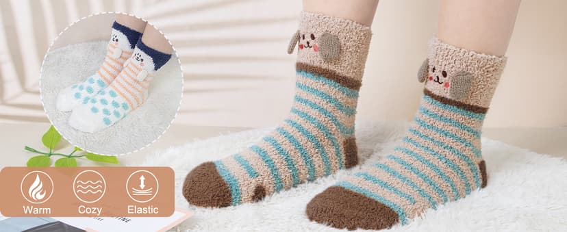 Loritta 3 Pairs Womens Fuzzy Socks Winter Warm Fluffy Soft Slipper Home Sleeping Cute Animal Socks