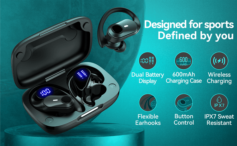 Hybrid Active Noise Cancelling Ear Buds Wireless Earbuds Bluetooth Headphones with 80H Playback Wireless Charging Case & Dual LED Display Over Ear Hooks Earphones for Sports Running Gym Workout Black