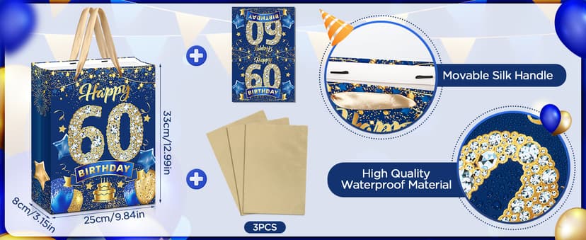Blue 80th Birthday Gift Bag, Large Navy Blue and Gold Happy 80th Birthday Gift Wrap Bag with Card and 3pcs Tissue Paper for Men Women 80 Years Old Anniversary Party Favors Goodie Wrapping Bag Supplies