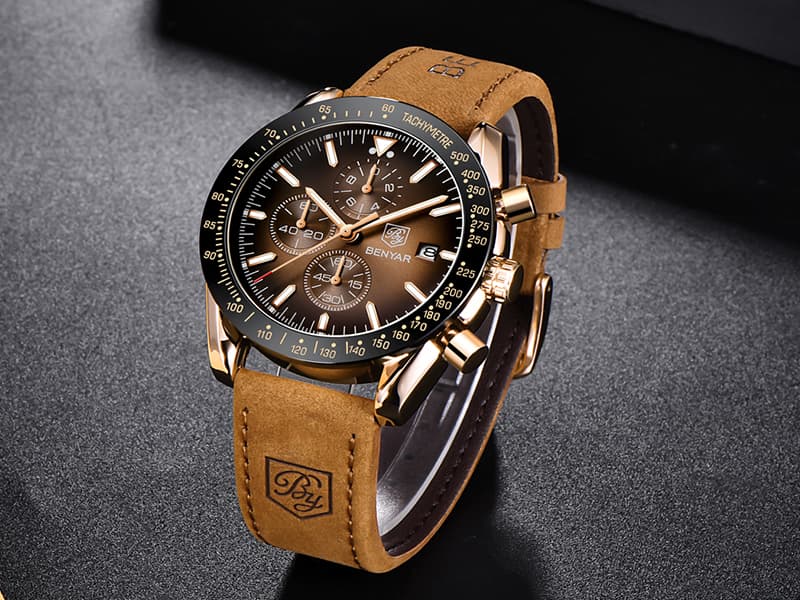 BENYAR Mens Watches Quartz Movement Chronograph Leather Strap Fashion Business Sport Design 30M Waterproof Scratch Resistant Elegant Gifts for Men