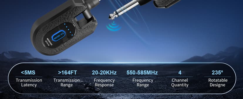 EX GEAR High-Grade Wireless Guitar System 2.4GHz Wireless Guitar Transmitter Receiver Rechargeable, 4 Signal Channel, 235° Rotating Plug, 50m Range for Bass Guitar Electric Instruments