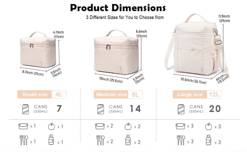 NOL Natural Organic Lifestyle Insulated Lunch Bags for Women Cooler Bag Lightweight Nylon Waterproof Lunch Box For Work(Medium, Cream