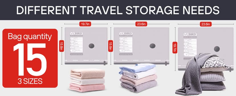 VMstr 15-Pack Vacuum Seal Bags for Clothing with High Pressure DC Electric Pump | Compression Vacuum Bags for Travel & Luggage Packing | Carry-On Size