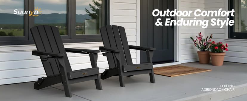 Folding Adirondack Chair, HDPE All-Weather Fire Pit Chairs, Plastic Adirondack Chairs with 2 Cup Holder, Outdoor Lawn Chair for Patio Garden (Black)