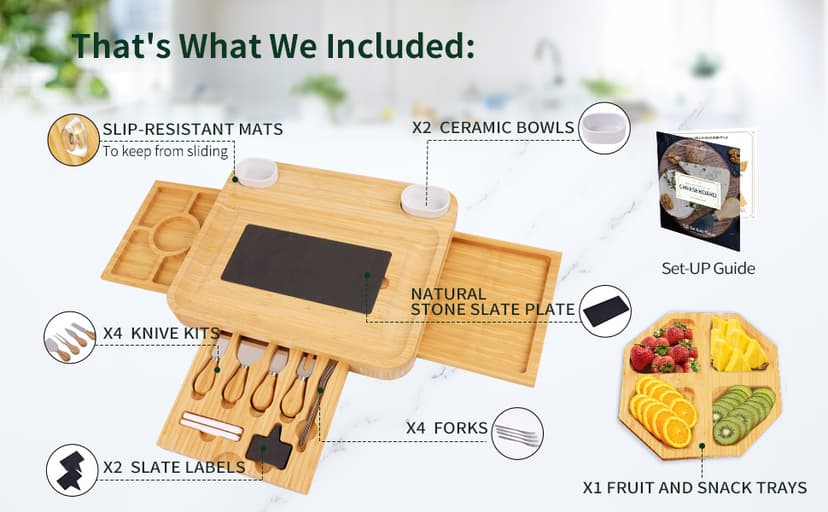 Large Charcuterie Cheese Board and Knife Set, 3 Drawers Kitchen Charcuterie Platter & Large Serving Tray - House Warming, Anniversary Wedding Gifts for Couple, Bridal Shower Gift for Women