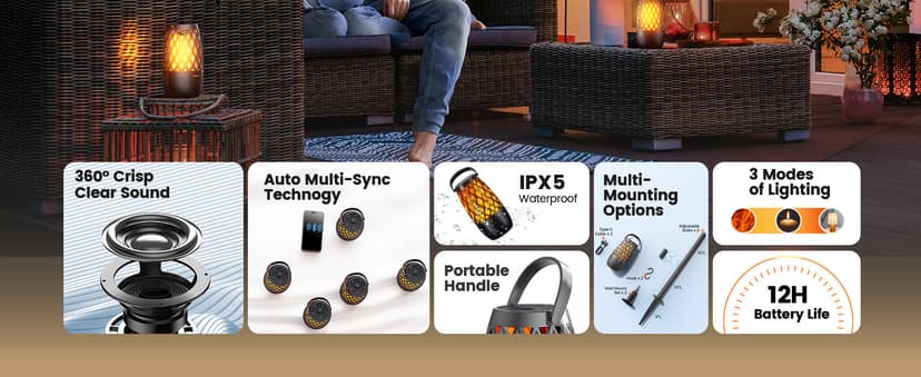 Upgraded Outdoor Speakers Gift for Men Bluetooth Speaker with lights Multi-Sync up to 100 Speakers Auto-Pairing HD Stereo Sound Cool Tech Gadgets for Him IPX5 Waterproof for Outside|Patio|Porch