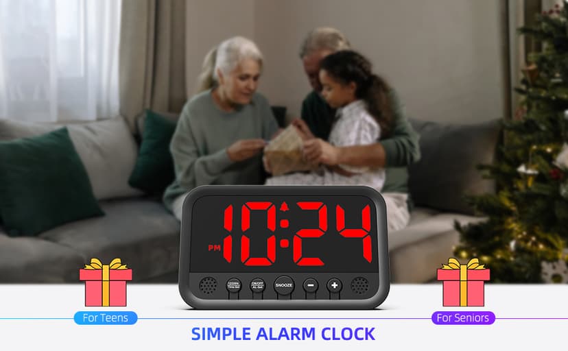 Small LED Digital Clock for Bedroom, Loud Alarm Clock for Heavy Sleepers Adults, Teens | Plug-In Electric Desk Clock | Simple Bedside Nightstand Clock with Adjustable Volume/Brightness/Snooze – Red