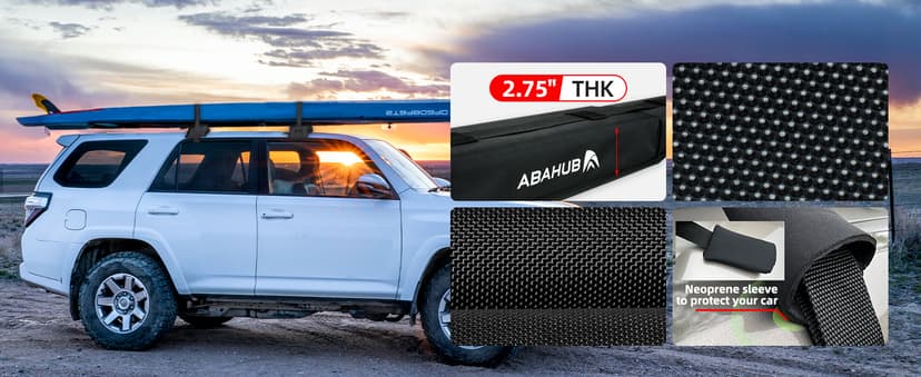 Abahub Soft Roof Rack Pads with 2 Tie Down Straps, 2 Tie Down Ropes, 2 Hood Loops and Storage Bag, for Surfboard, Kayak, Canoe, Heavy Duty Universal Car Roof Racks System