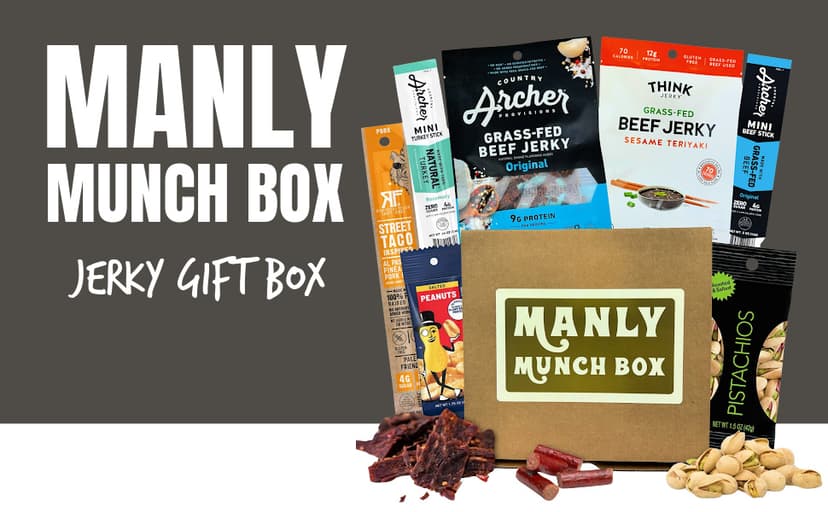 Manly Munch Box Jerky Gift Box, Curated Assortment of High Protein Snacks, Beef & Turkey Jerky Variety Pack Gift Set, Exotic Meat Gift for Men & Women