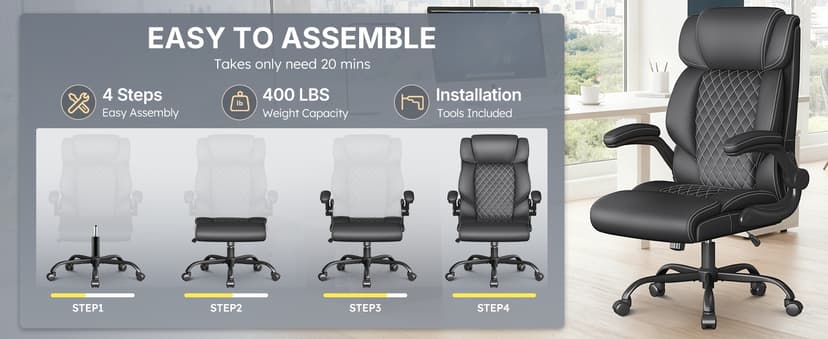 Office Chair-Executive High Back Breathable Big and Tall Office Chair Flip-up Armrests Lumbar Support-Ergonomic Leather Rolling Swivel Chair with Rock Function for Working Studying Gaming,Black
