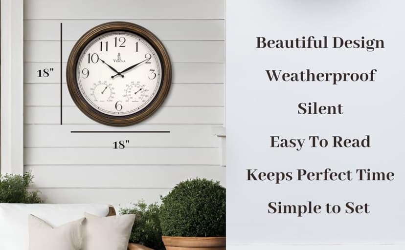 Outdoor Clocks for Patio Large Waterproof with Thermometer - 18 inch Indoor Outdoor Wall Clock with Temperature and Humidity Combo - Weatherproof, Accurate & Easy to Read for Pool, Garden & Home Decor