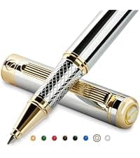Scriveiner Silver Chrome Ballpoint Pen - Stunning Luxury Pen, Real Gold Plating, Schmidt Black Refill, Best Ball Pen Gift Set for Men & Women, Professional, Executive, Office, Nice, Fancy Pens