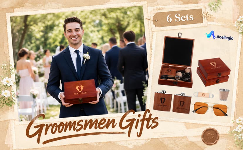 Complete Proposal Gift Set, Box, Flasks, Sunglasses, Funnel, Bottle Opener, Wooden Cups, Bachelor Party Favor 42 Pcs Groomsmen Gifts Set of 6 Wedding Best Man Gift, Brown B0G6ZNR6MC