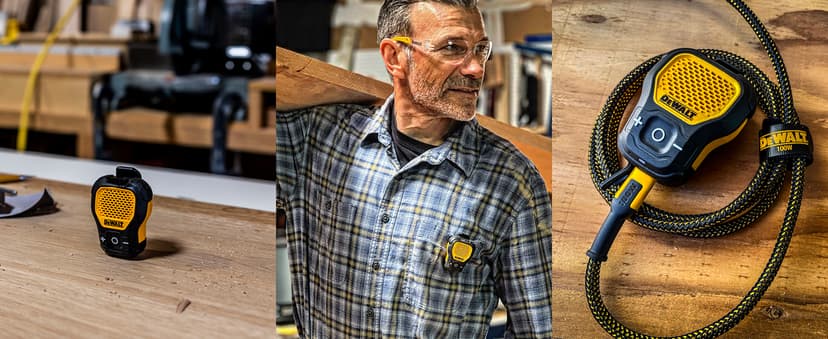 DEWALT Wearable Bluetooth Speaker (Updated Version), Clip-On Wireless Jobsite Pro Water-Resistant Portable Speaker (Non-Magnetic), Built-in Mic for Hands-Free Music/Calls, Bluetooth Speaker (Yellow)