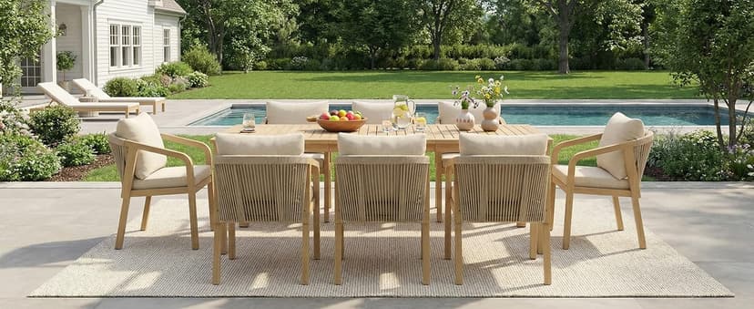 Wisteria Lane 9 Pieces Acacia Outdoor Patio Table and Chairs Set for 8, Patio Outdoor Dining Table Set with Cushion, Modern Outdoor Patio Table Set for Lawn Backyard Garden Deck, Beige
