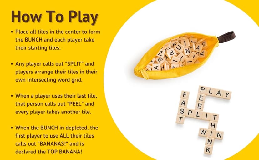 Bananagrams Classic Word Game – Fast-Paced Spelling & Anagram, Family & Travel Game , 144 Letter Tiles in Portable Banana Pouch, 1–8 Players, Educational Wordplay Fun for Ages 7+