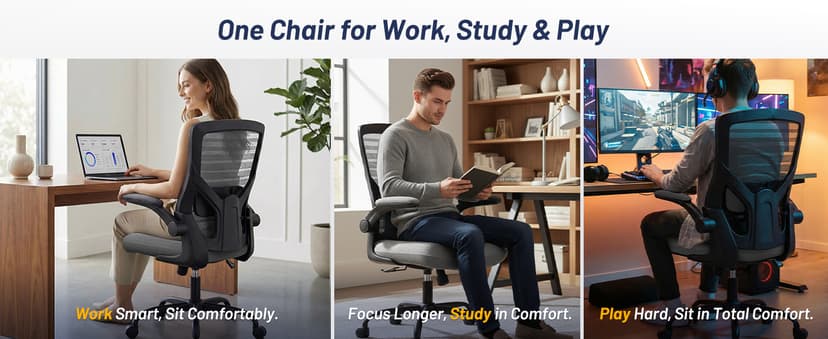 Office Desk Chair for Long Hours & Back Pain Relief – 4“ Thick Molded Foam Cushion, Enhanced Lumbar Support, Padded Flip-up Armrests, Ideal for Office or Study, Dark Gray