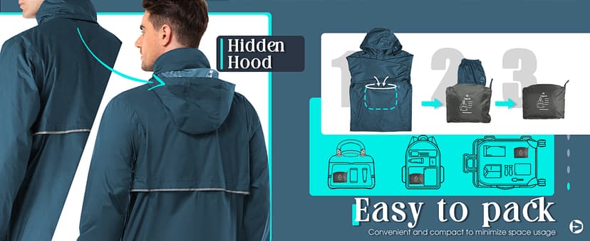 Outdoor Ventures Men's Rain Jacket Waterproof Lightweight Packable Rain Pullover for Hiking Golf Running