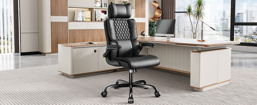 Sytas Ergonomic Office Chair with Adjustable Headrest, Executive Leather Desk Chair with Upgraded Lumbar Support for Lower Back Pain Relief, Thickened Backrest Computer Chair for Home Office, Black