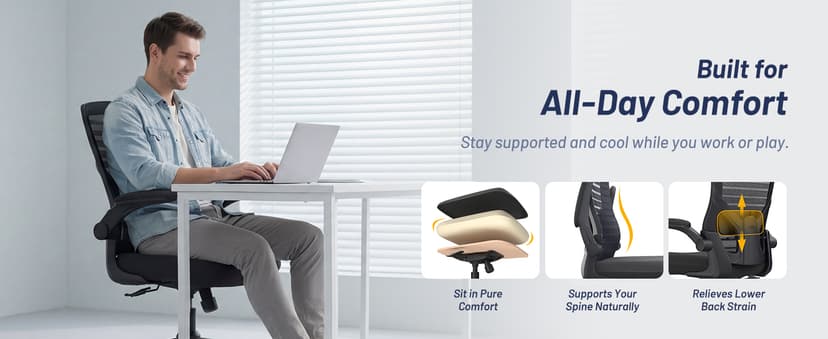 Office Desk Chair for Long Hours & Lower Back Pain Relief – 4“ Thick Molded Foam Cushion, Enhanced Lumbar Support, Padded Flip-up Armrests, Ideal for Office or Study, Black