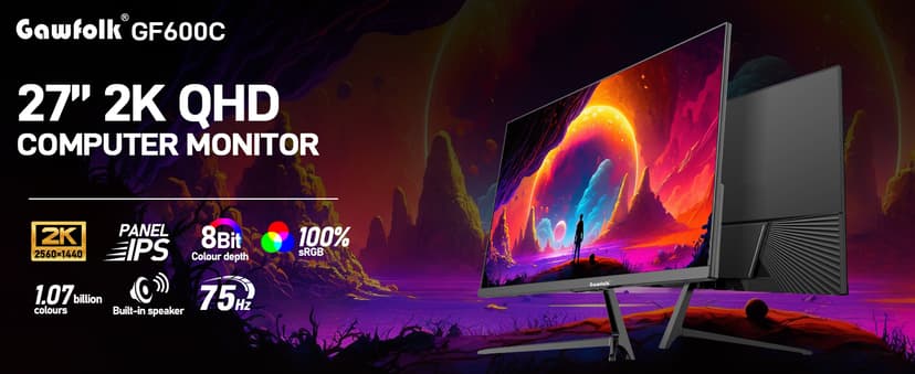 Gawfolk 27 inch IPS 2K QHD (2560×1440) Computer Monitor 75Hz Gaming PC Screen, 1ms,Adaptive Sync,100% sRGB, 1.07 Billion Colours,Built-in Speaker,Display 1.4、Port HDMI2.0, Black