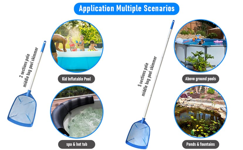 Poolvio Swimming Pool Leaf Skimmer Net, with 5 Sections Telescopic Aluminum Pole & Nylon Medium Fine Mesh Pool Net, Pool Cleaning Tool for Removing Leaves & Debris