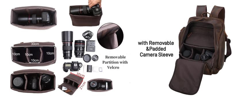 Masa Kawa Leather Backpack for Men with 16" Laptop & Camera Lens Sleeve, Multi Pockets Weekend Trip Business Travel Overnight Camping Bag, Vintage Brown