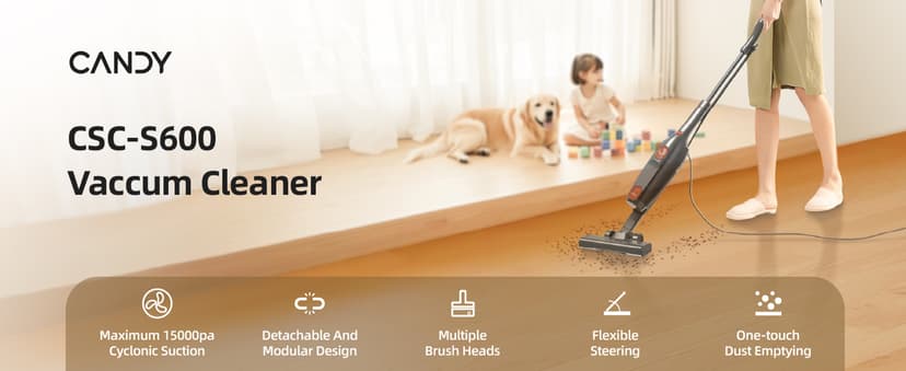 Candy Corded Stick Vacuum Cleaner, Powerful Suction Handheld Vacuum with One-Click Dust Disposal, 3-in-1 Use for Hard Floor, Ceramic Tile, 0.8 Liters Capacity, Easy Clean