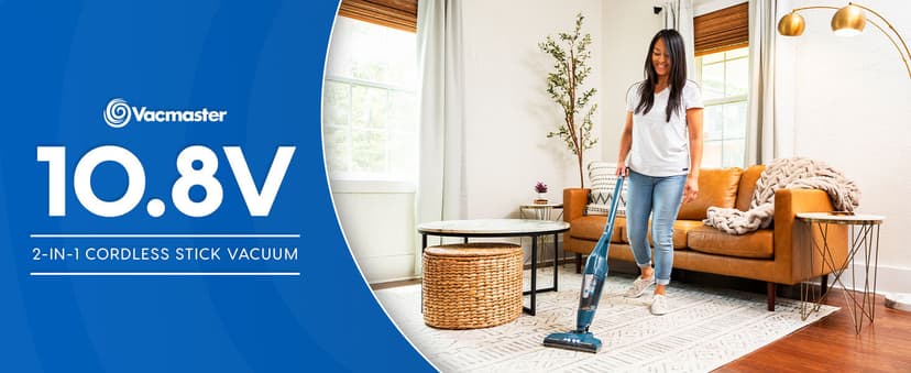 Vacmaster Portable 10.8V 2-in-1 Cordless Stick Lightweight Vacuum Cleaner with 2-Speed Power Control and LED Headlight for Hardwood Floor, Carpet & Pet Hair, Blue