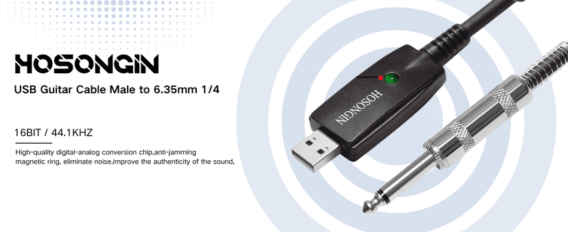 HOSONGIN USB Guitar Cable - USB Interface Male to 6.35mm 1/4" TS Mono Electric Guitar Converter Cable (10 Ft, Black)