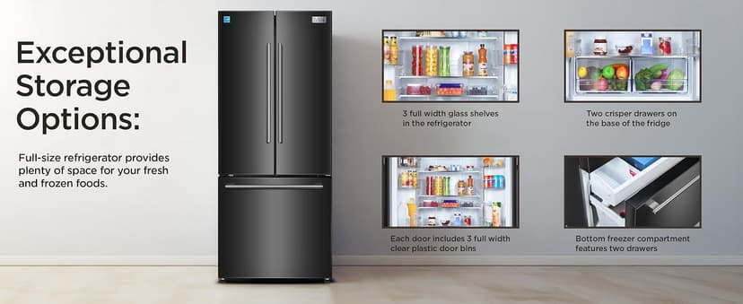 BLACK+DECKER 16 Cu. Ft. French Door Refrigerator with Built-in Ice Maker, Full Size Refrigerator with Bottom Mount Freezer Drawer, Frost Free, ENERGY STAR certified, BRF1600GIMB, Black