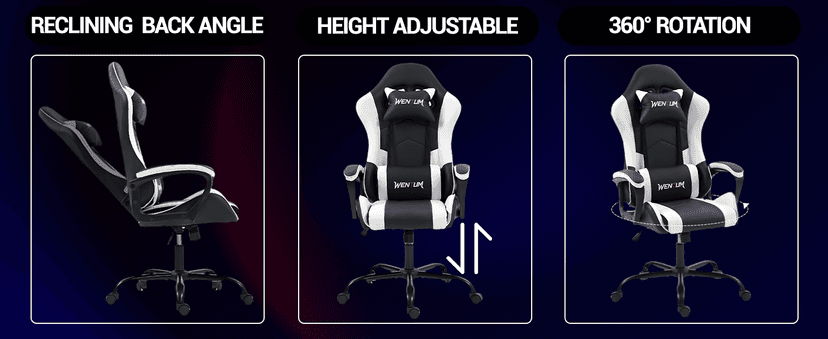 Gaming Chair PU Leather Massage PC Video Game Chair with Lumbar Support for Men Women, Home Office, Height Adjustable, Ergonomic, High Back, White