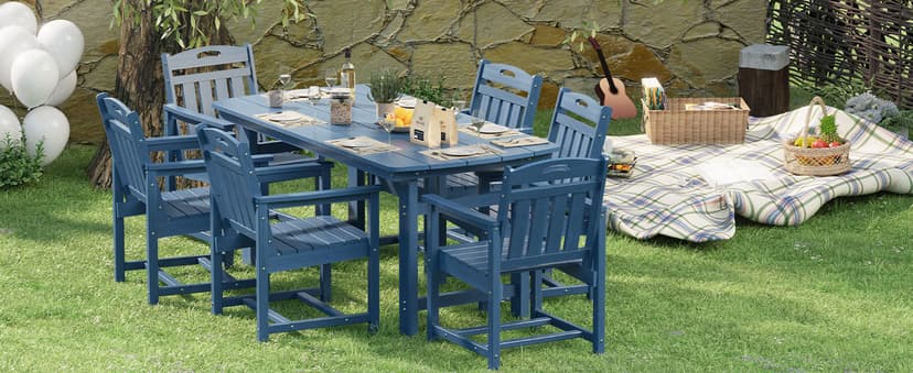 HDPE Outdoor Patio Dining Set with Table & 6 Chairs, All-Weather 7-Piece Outdoor Table and Chairs, 2" Umbrella Hole, Patio Furniture for Garden, Backyard, Deck | Grey