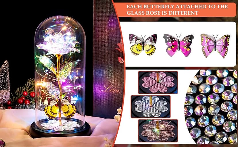 Birthday Gifts for Women Mom, Galaxy Glass Rose Forever Eternal Crystal Flower Light Up Rose in Glass Dome with Butterfly Mothers Day Christmas Rose Gifts for Her Wife Daughter Friends Colorful