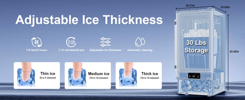 15'' Commercial Under Counter Ice Maker 110 LbS/Day Stainless Steel Ice Machine Built-in Freestanding Ice Maker with 30 Lb Bin Auto-Cleaning 24H Timer Gravity Drainage for Commercial Home