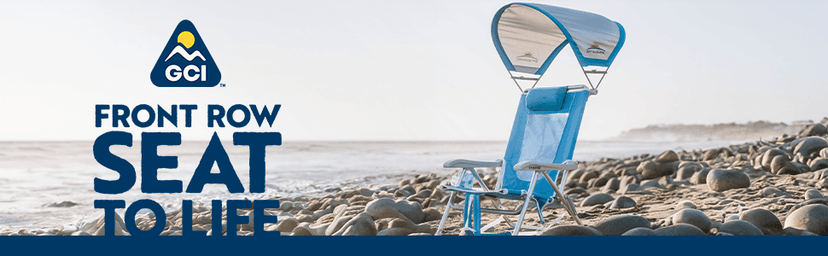 GCI Outdoor Sunshade Backpack Beach Chair | Reclining Folding Canopy Chair with Durable Armrests, Drink Holder & Carry Straps, Perfect for Beach Trips & Picnics — Saybrook Blue