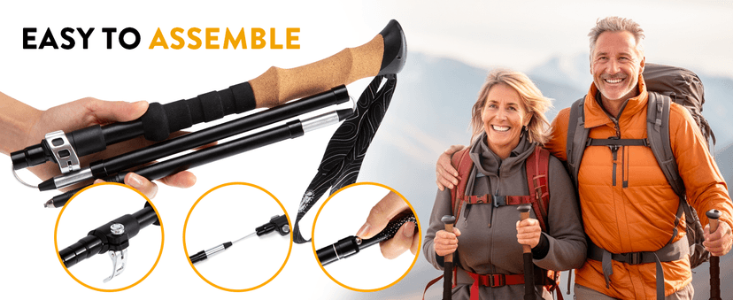 Premium Foldable Hiking Poles by USA Brand - Adjustable, Lightweight Trekking Poles Made of Aircraft Aluminum, Metal Flip Locks & Comfortable Real Cork and EVA Foam Grips