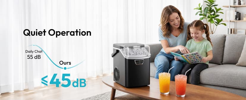 EUHOMY Nugget Ice Maker Countertop with Handle, Ready in 4 Mins, Max 40lbs/24H, Chewable Ice, Self-Cleaning, Portable Sonic Ice Maker with Basket and Scoop, for Home/Party/RV/Camping (Black)