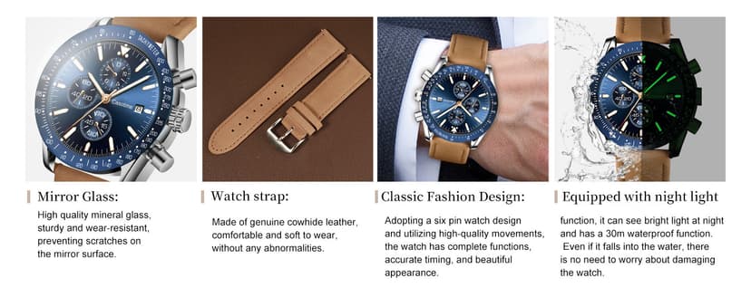 Casotime Men's Leather Band Chronograph Watch - 30M Waterproof Big Face Analog Quartz Date - Work Sport Casual Classical Fashion Designer Dress Wrist Watch - Elegant Gift for Men